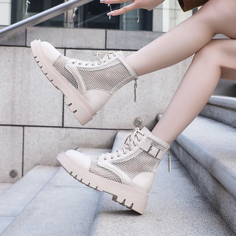 Женские сетчатые ботильоны на шнуровке дышащие полусапожки с перфорацией обувь