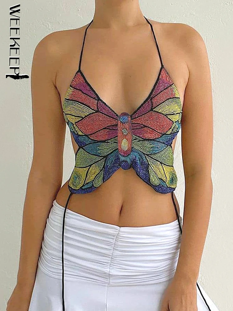 Weekeep/летняя майка с завязками Y2k эстетичная бабочка открытая спина сексуальный