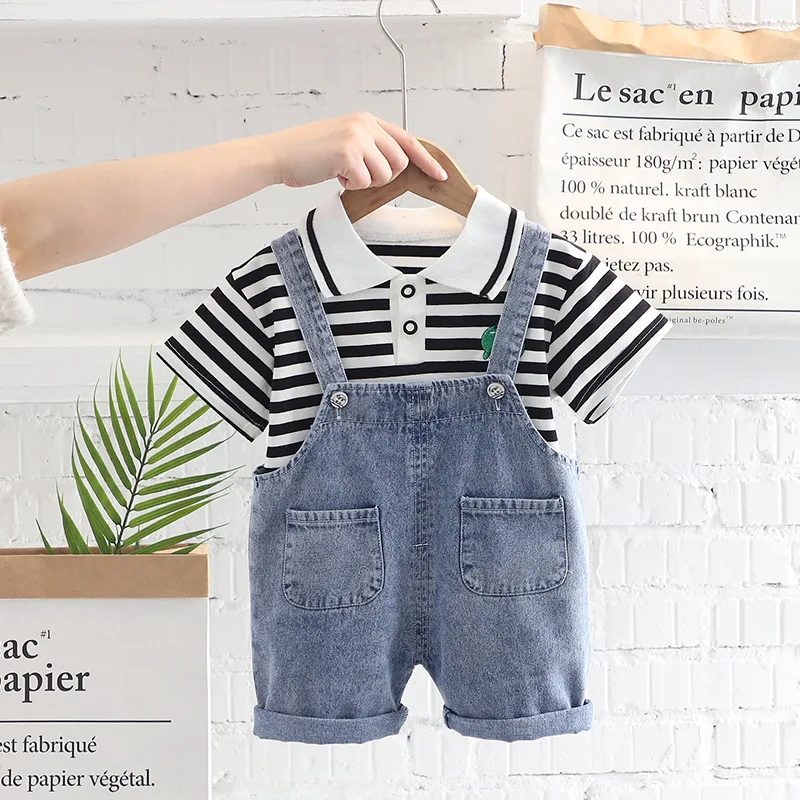 

Toddler Boy Summer Clothes 2022 Striped Turn-down Collar T-shirts Tops and Overalls 2PCS Boutique Outfits Sets Kids Tracksuits