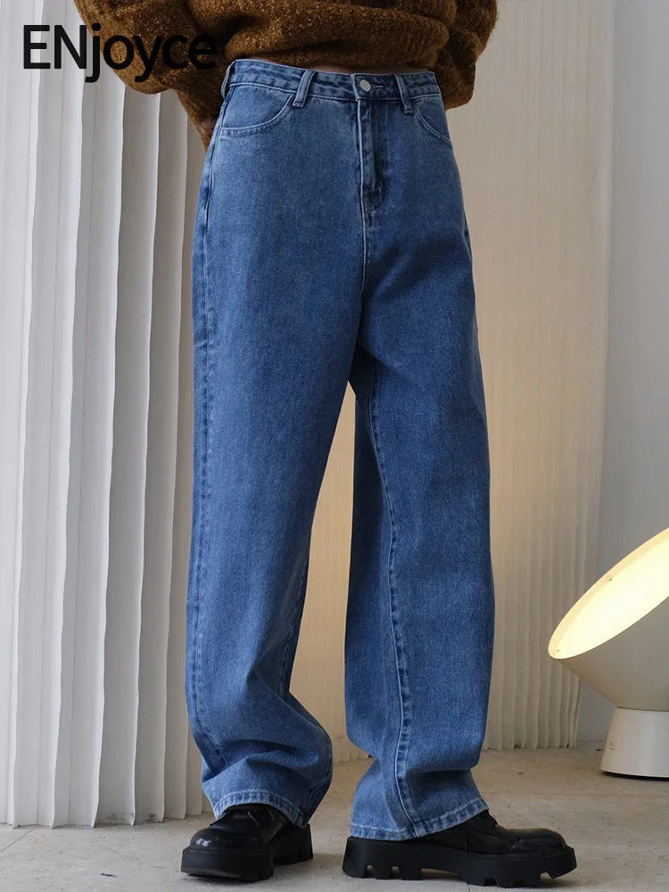 

Женские джинсы в стиле ретро ENjoyce, Длинные свободные прямые брюки-бойфренды из денима с высокой талией и широкими штанинами, для весны и осени