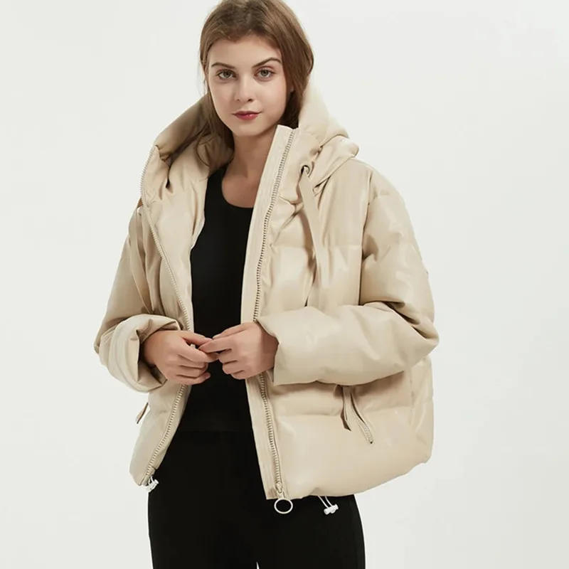 Streetwear Winter Hooded Thick Jackets Women Fashion Zipper Parkas Women Faux Leather Y1218