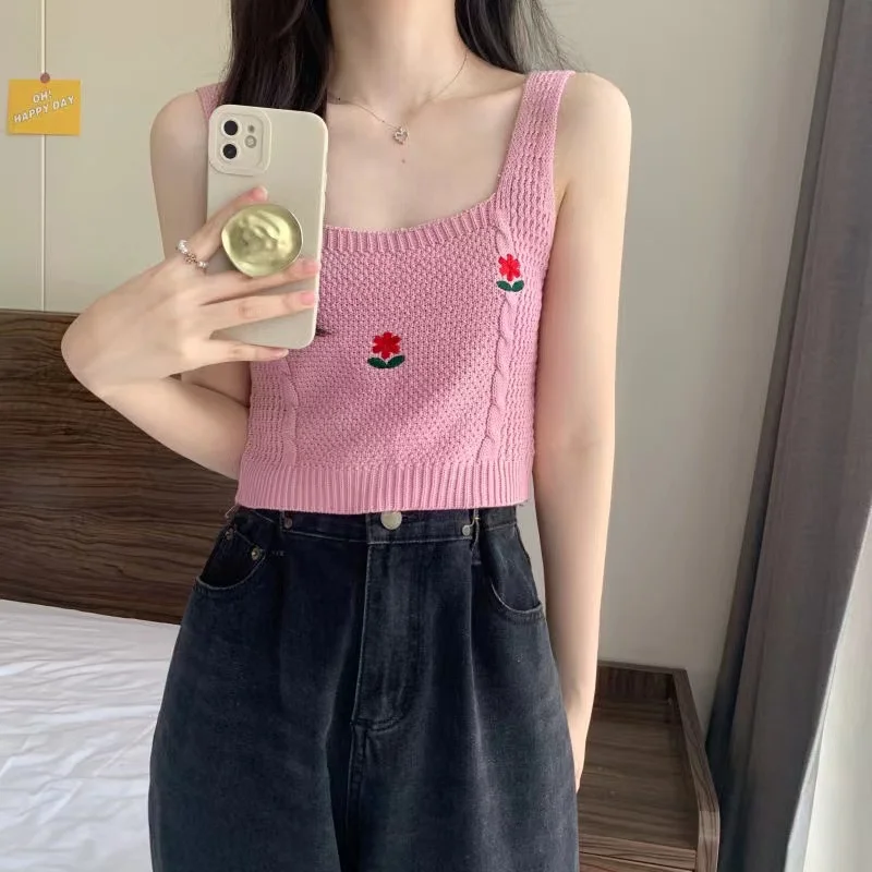 Женский укороченный топ с жемчужинами вязаный крючком Топ без рукавов цветочной