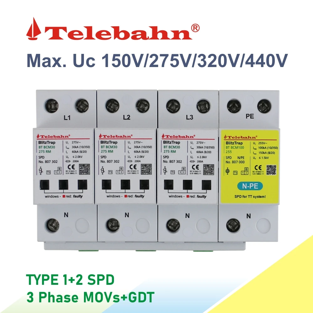 Фото AC SPD 275V T1+T2 30kA 3P+N Трехфазное устройство защиты от перенапряжения для основных распределительных плат №3
