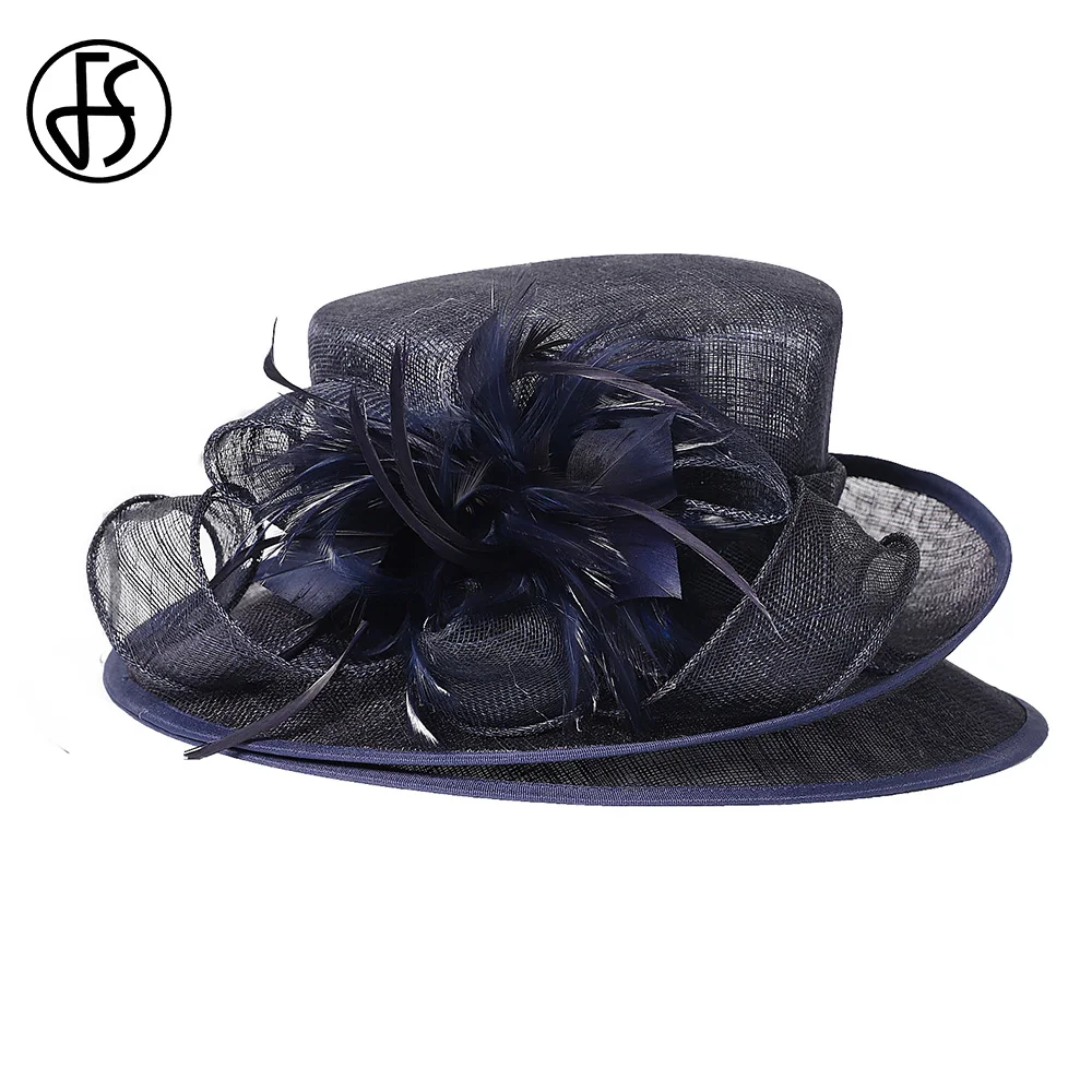 FS Темно-синие шляпы Sinamay с плоским верхом для женщин цветочным пером свадебная