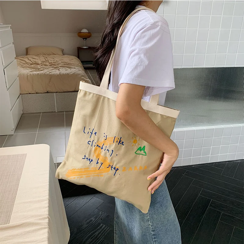 

Canvas Bag for Women Letter Print Shoulder Bag Zipper Summer Handbag New Large Capacity Fashion Shopping Bag for School 2023
