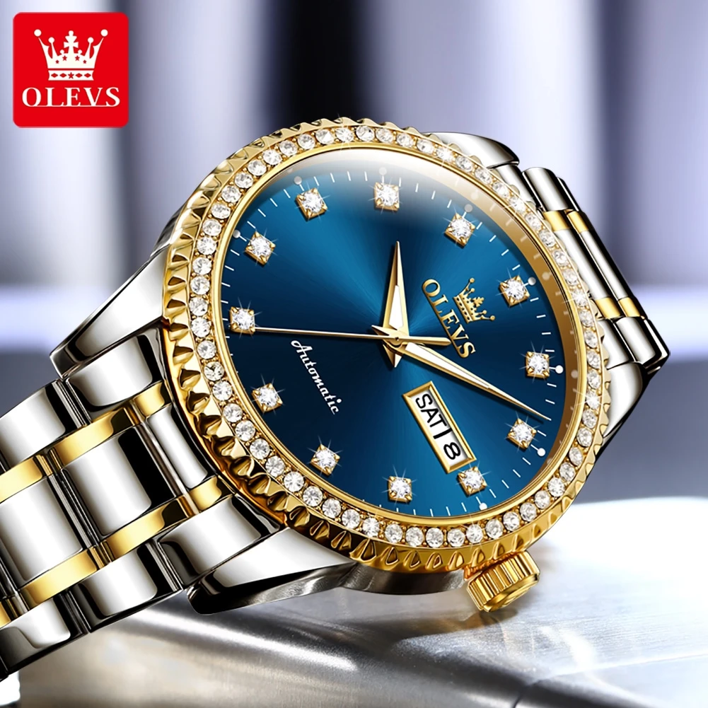 

OLEVS Mens Watches Top Brand Luxury Fashion Automatic Mechanical Sport Waterproof Steel Rhinestones Clock Date Relogio Masculino