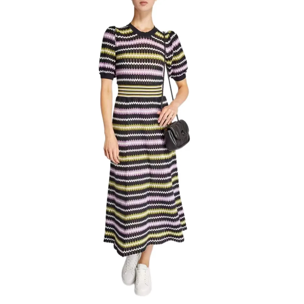 

High Quality Fashion Women's Colorful Striped Knit Dresses Commuter Round Neck High Waist A-Line Long Dresses Dresses Autumn New