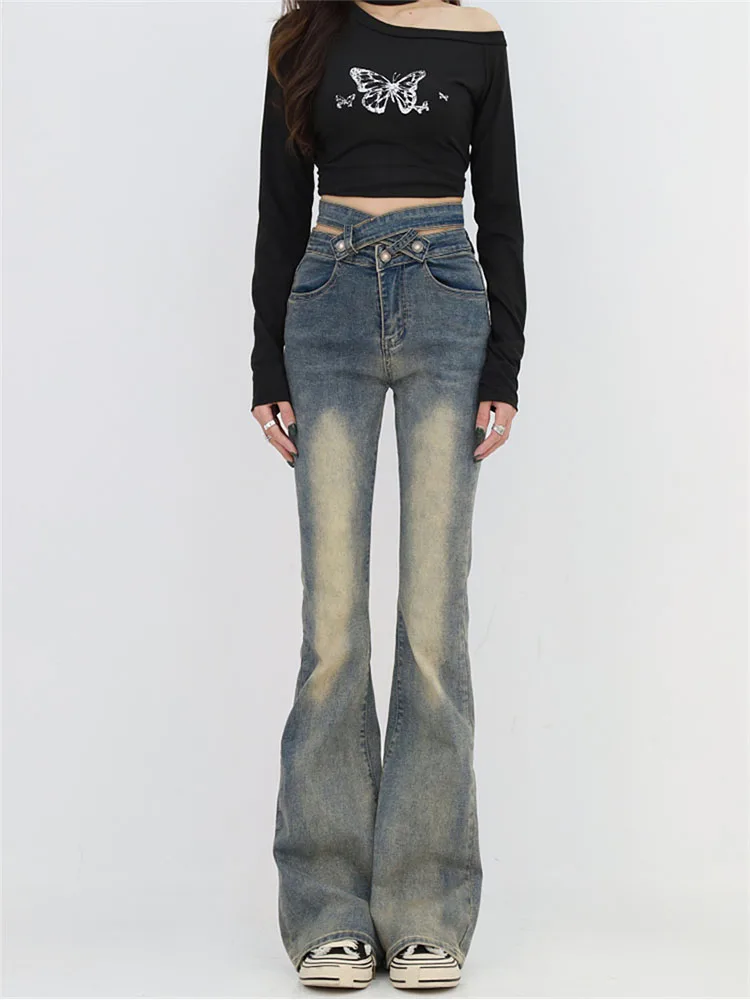 

High Waist Flare Jeans For Woman Aesthetic Retro Sexy Denim Design Sense Waist Head Streetwear Fashion Slim Straight Trousers