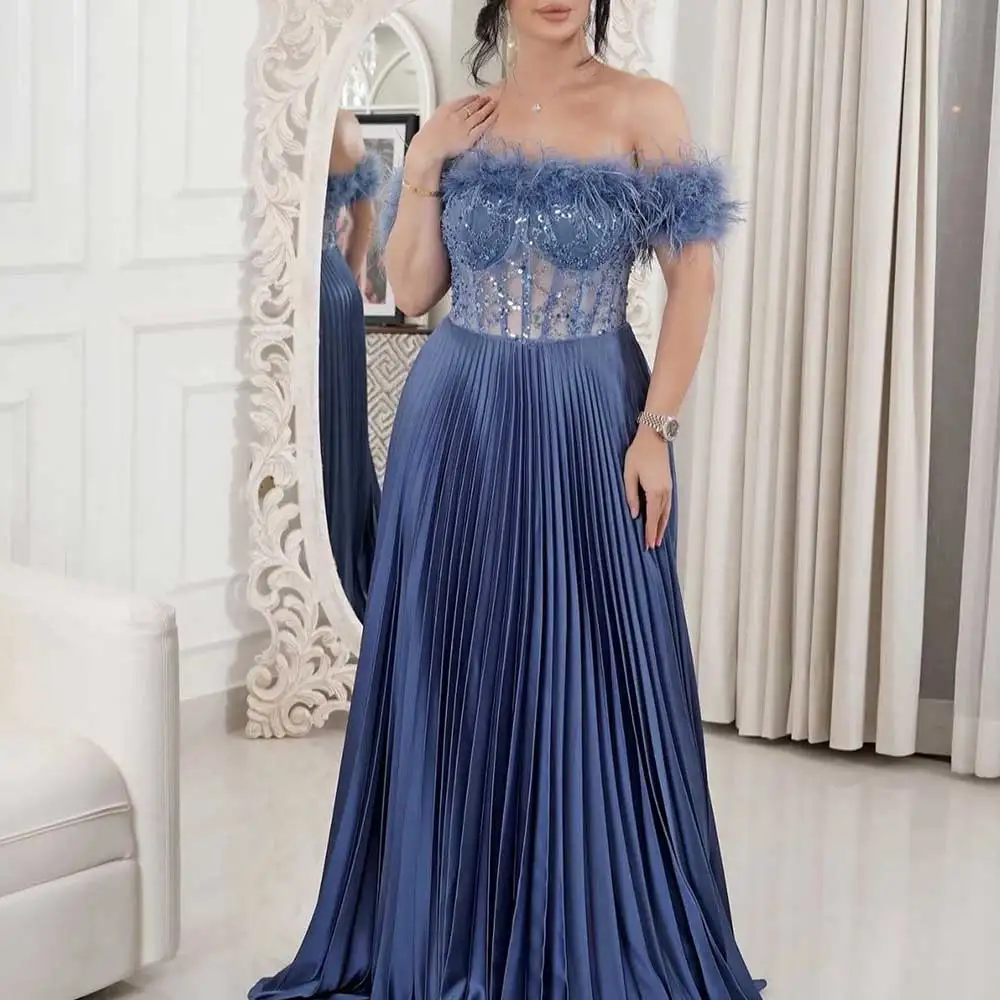 

Blue A-Line Evening Dress Off The Shoulder Lace Pleated Beaded Feather Backless Boat Neck Saudi Arabia Prom Brush Train Gown