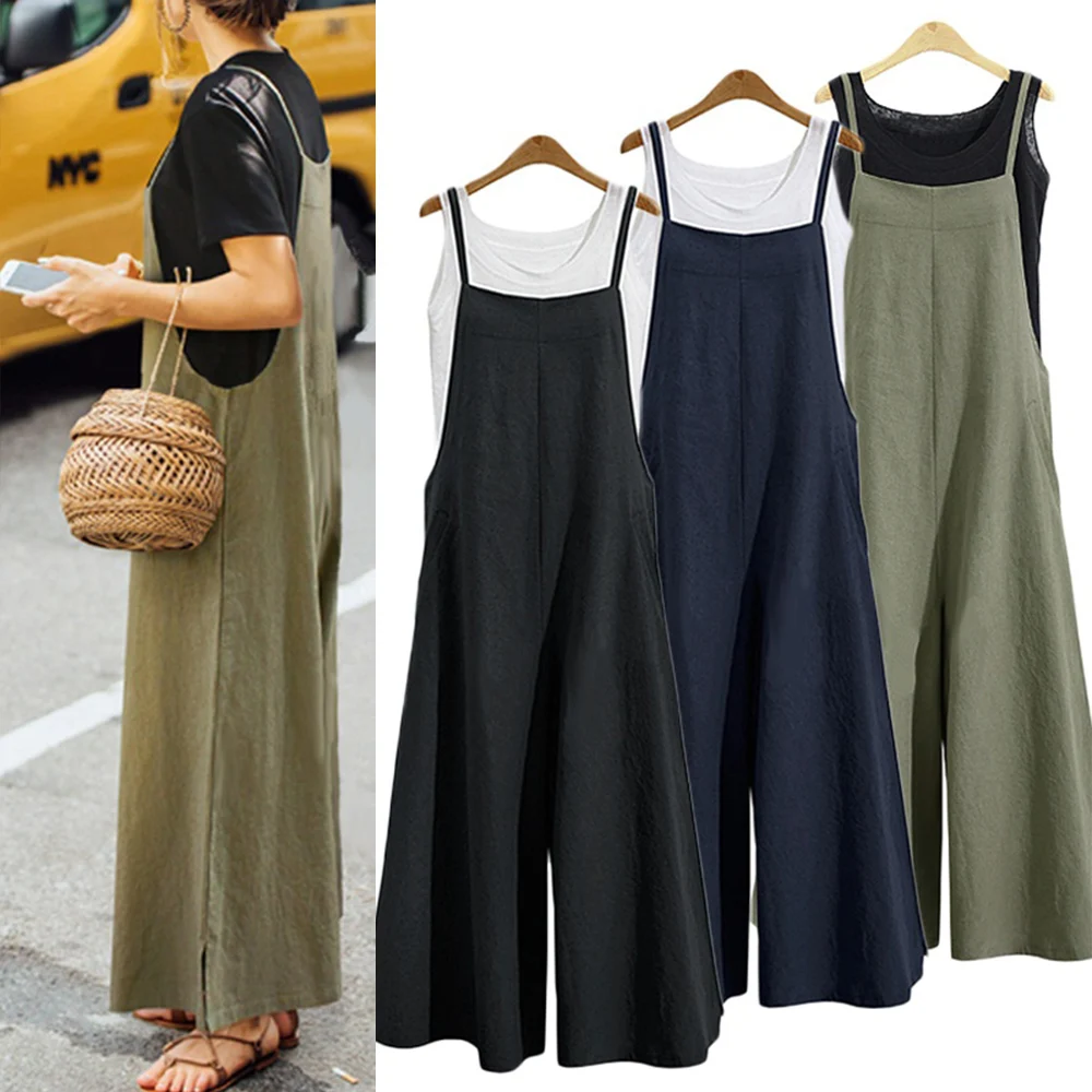 Casual Loose Jumpsuit Women Spring Summer Solid Color Straps Wide Leg Pants Overalls Sleeveless Female Jumpsuits