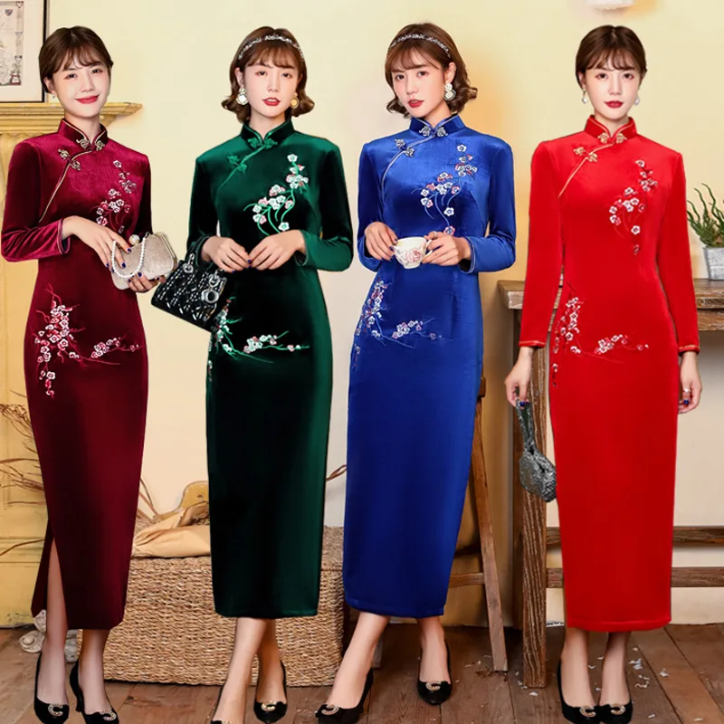 

FZSLCYIYI Elegant Full Sleeve Embrodiery Gold Velour Qipao Mandarin Collar Ladies Wedding Long Style Cheongsam Size 5XL