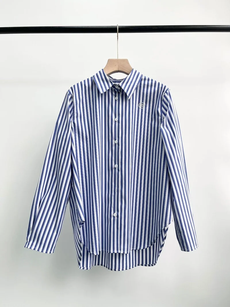 2022 New Spring Design Sense Niche European and American High-end Women's Blue and White Striped Shirt Women