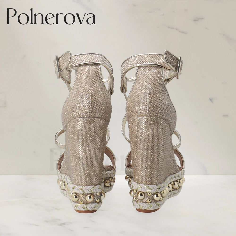 Metallic Bead Platform Sandals Cross Strap Wedge Sandals Round Toe Summer Shoes Fashion Sequin Designer Style Shoes Custom Color