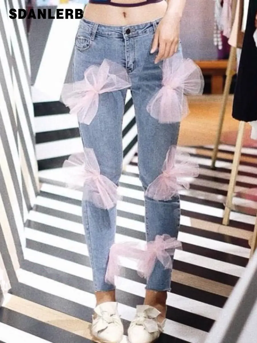 European Station Mesh 3D Bow Slim Stretch Skinny Women's Pants Cropped Jeans High Waisted All-matching Denim Pants