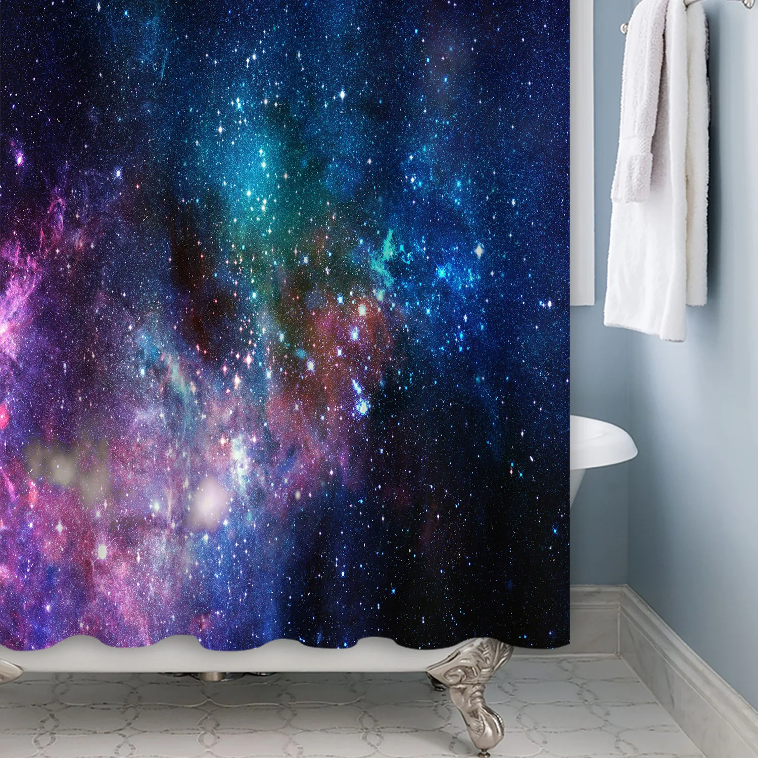 

Outer Space Star Shower Curtain Starry Galaxy Bathtub Screen Bathroom Decoration Universe Planet Waterproof Fabric with Hooks