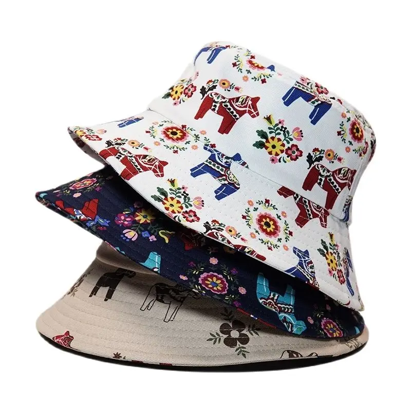 

2022 New Bucket Hat Women Horse Floral Print Cotton Fisherman Hat Female Luxury Designer Brand Outdoor Travel Graffiti Sun Cap