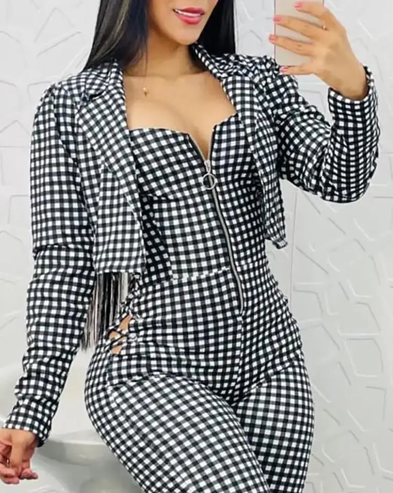

2022 Coats Plaid Print Long Sleeve Crop Jacket Female clothing Casual Jacket For Women Fashion