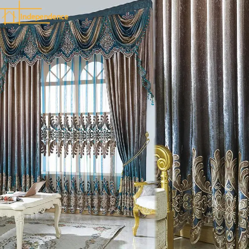 

High Grade Blue Coffee Gradient Embroidered Curtains for Living Room Bedroom Partition Curtains Home Decoration Villa Valance