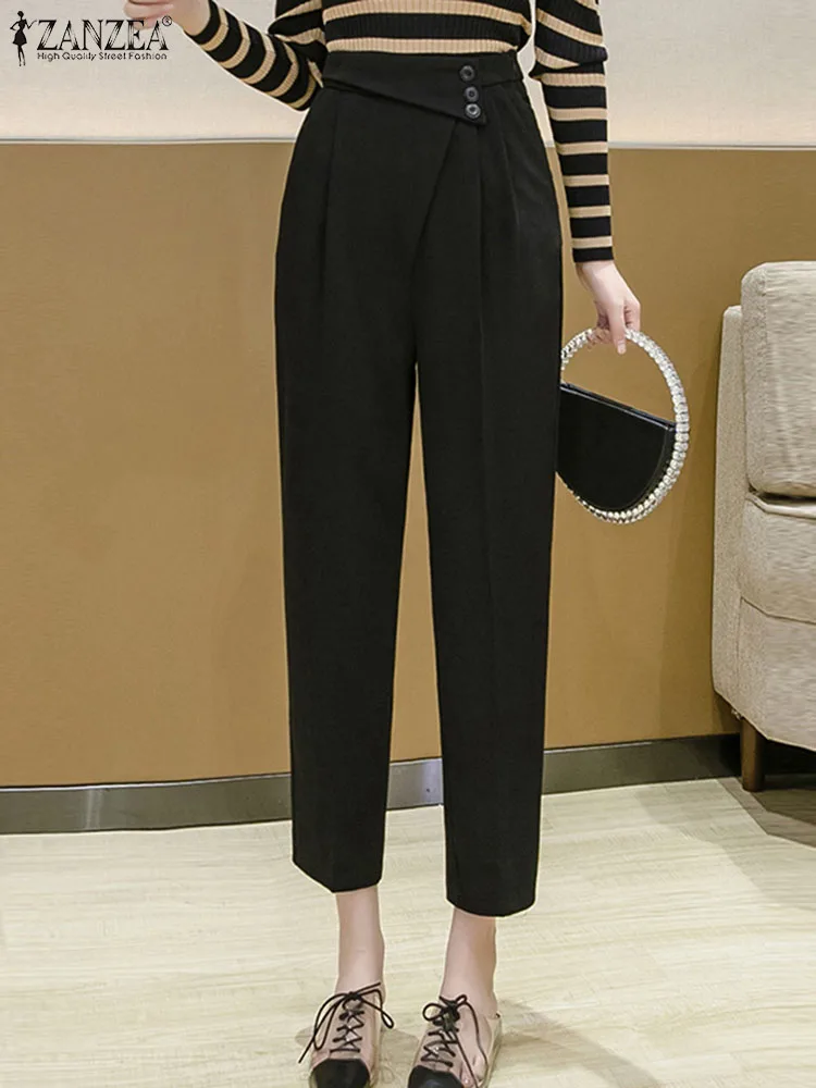 

ZANZEA Fashion Women Buttons Pants Pleats Asymmetrical Waist Cropped Trouser Vintage Solid Suit Pantalon 2023 High Waist Pants
