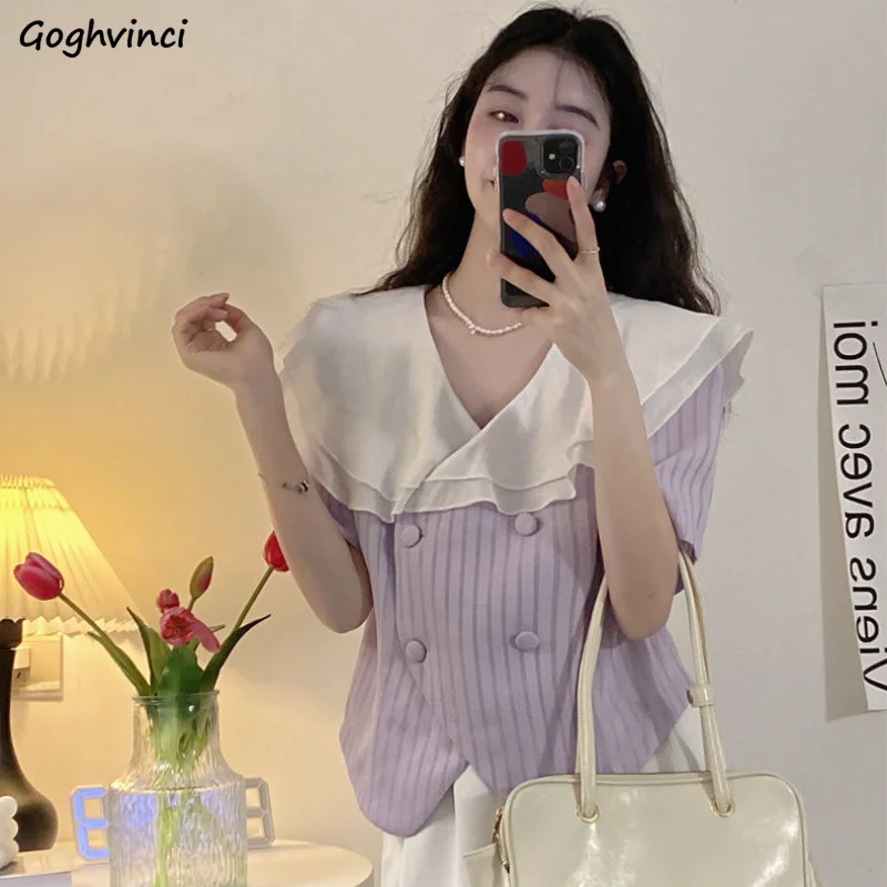 

Блузка женская летняя с коротким рукавом, Повседневная модная Милая универсальная рубашка в полоску с оборками, на пуговицах, в стиле ольчч...