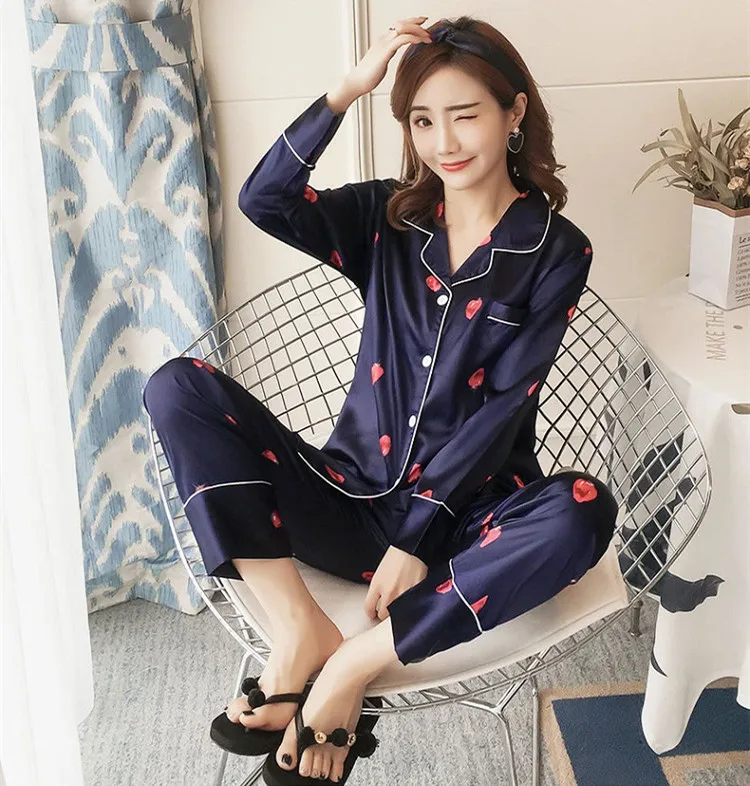 Spring and Autumn New Ladies Pajamas Ice Silk Thin Noble Leisure Home Wear Pijamas Women Sleep Tops Pajamas for Women