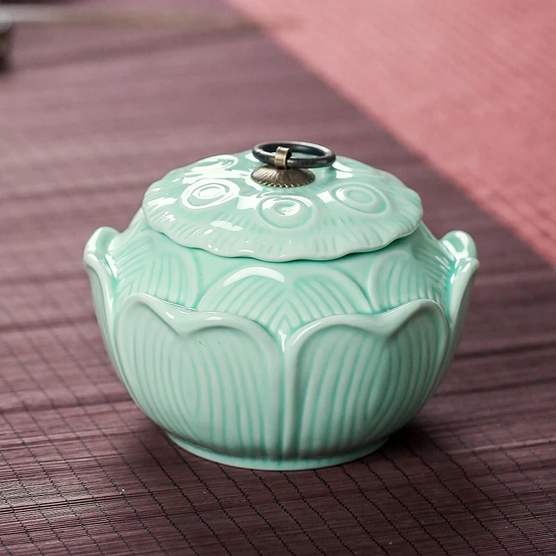 

Jingdezhen Ceramic Lotus Shape Tea Jar Canister Gift Sealed Tank Shining Shadow Blue Glaze Caddy Storage Jar