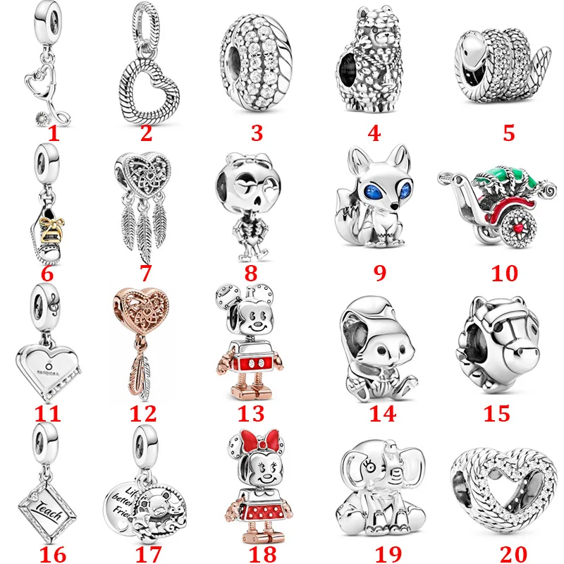 

100% 925 Sterling Silver Snake Chain Pattern Open Heart Charms Cute Squirrel Horse Charm FIT Pandora 925 Bracelet DIY Jewelry
