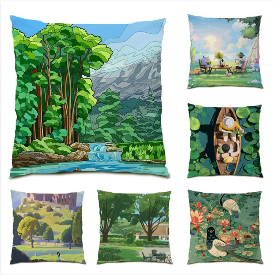 

Polyester Linen Pillowcase Soft Velvet Living Room Decoration Cute Decorative Cushion Cover Beautiful Cartoon Forest Scene E0140