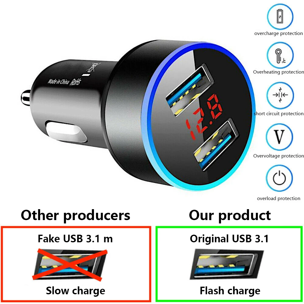 

Dual USB Car Charger Adapter 3.1A Fast Charging Voltage Monitoring LED Digital Display Truck Charger For IPhone Android Phone
