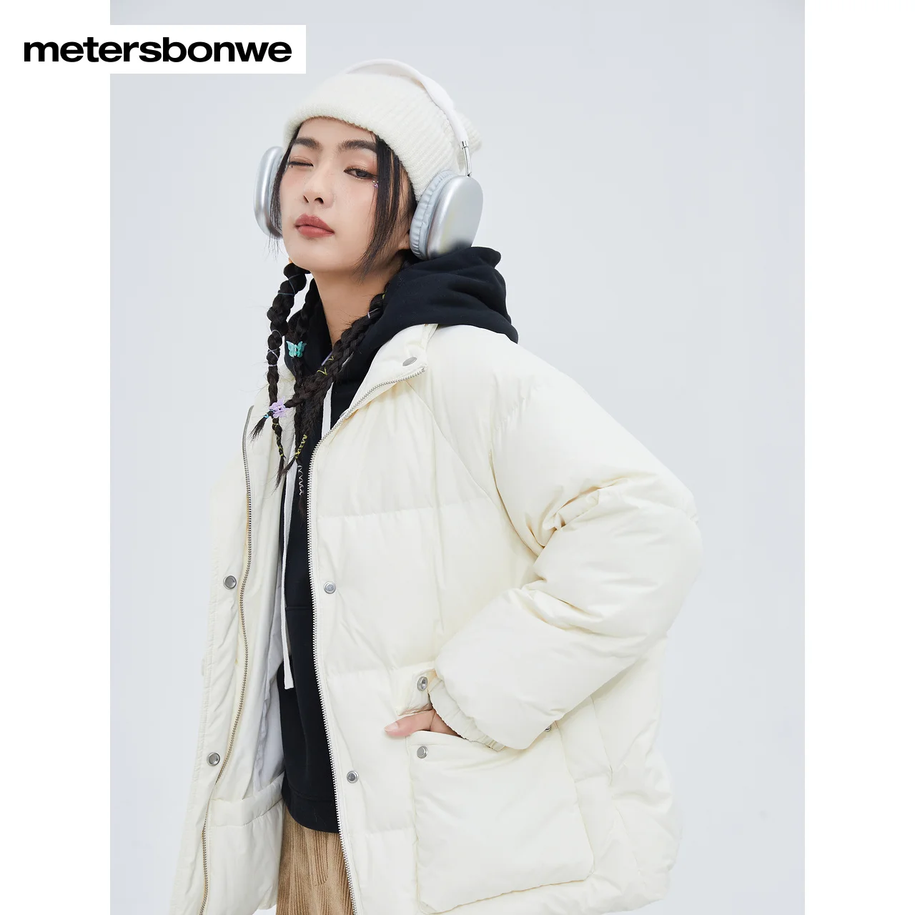 Metersbonwe Women's 22New Winter Loose Stand Collar Down Jacket 80%Duck Down Short Thick Warm Wear Large Pocket Outwear