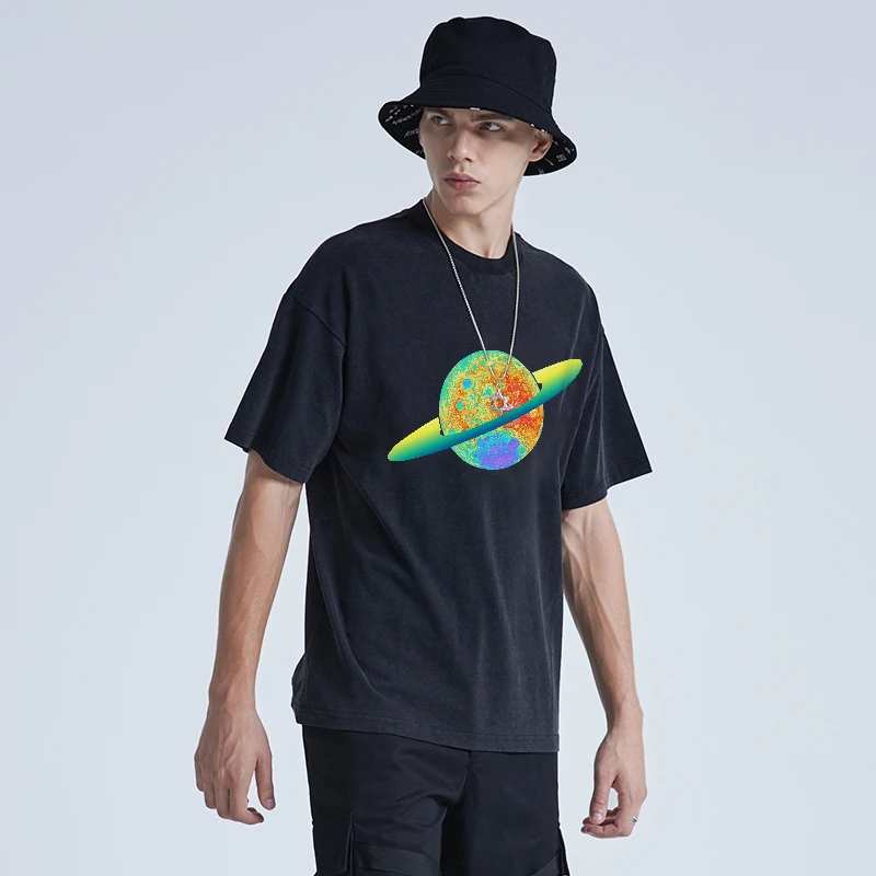 

High Street T-Shirt Unisex Fashion Printed Colorful Globe Pattern Short Sleeve Washed King Size Men's Short Sleeve Tops