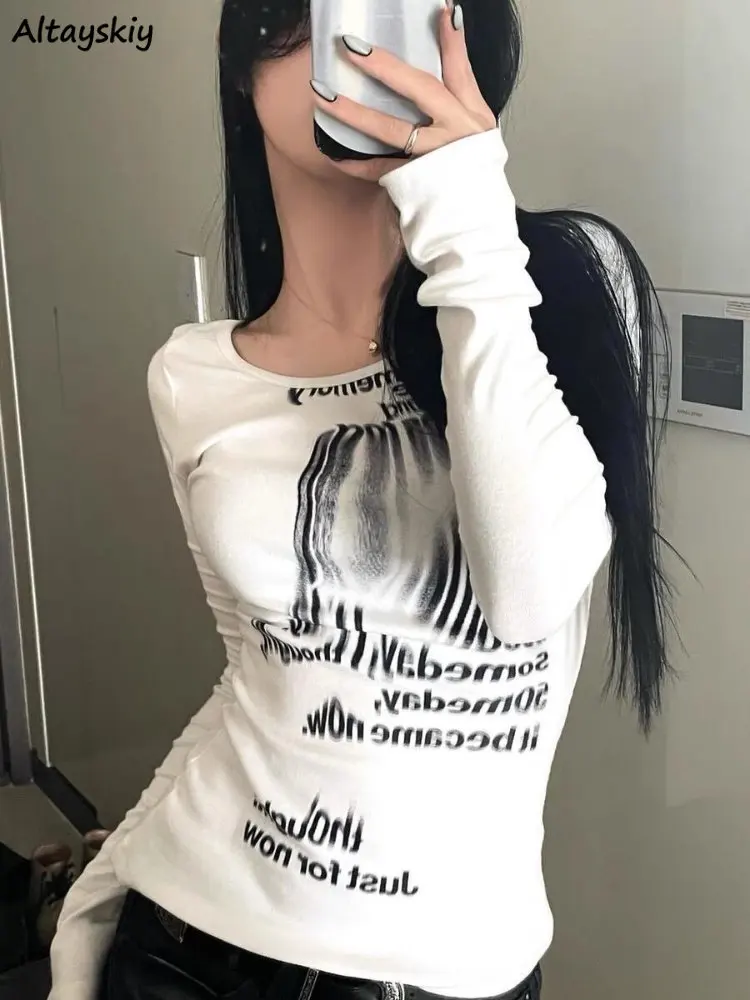 

Letter T-shirts Women Streetwear American Style Hotsweet Fashion Ulzzang Slim Long Sleeve Chic College Vintage Simple All-match