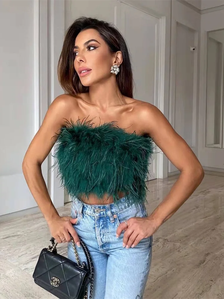 

Женский пушистый укороченный топ Mandylandy, майка с перьями, жилет, женский бюстгальтер без рукавов, вечерний женский укороченный корсет 2022