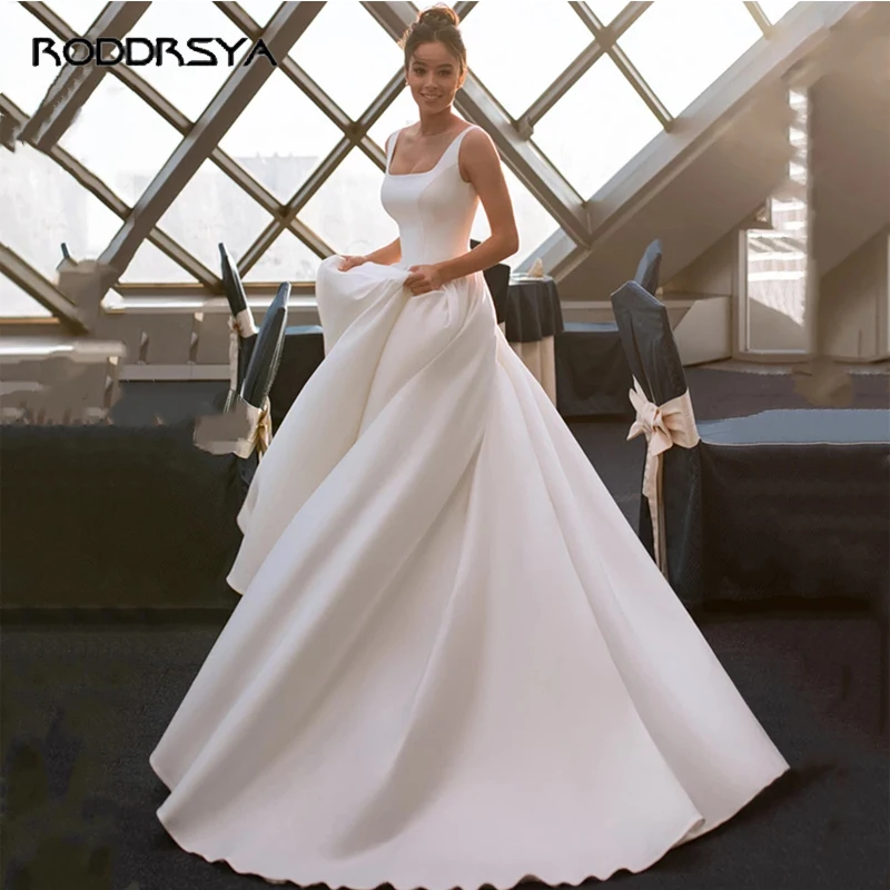 

Simple Satin Wedding Dress Square Collar Backless Sleeveless Bridal Gown Robe De Mariée Court Train For Women Vestido De Novia