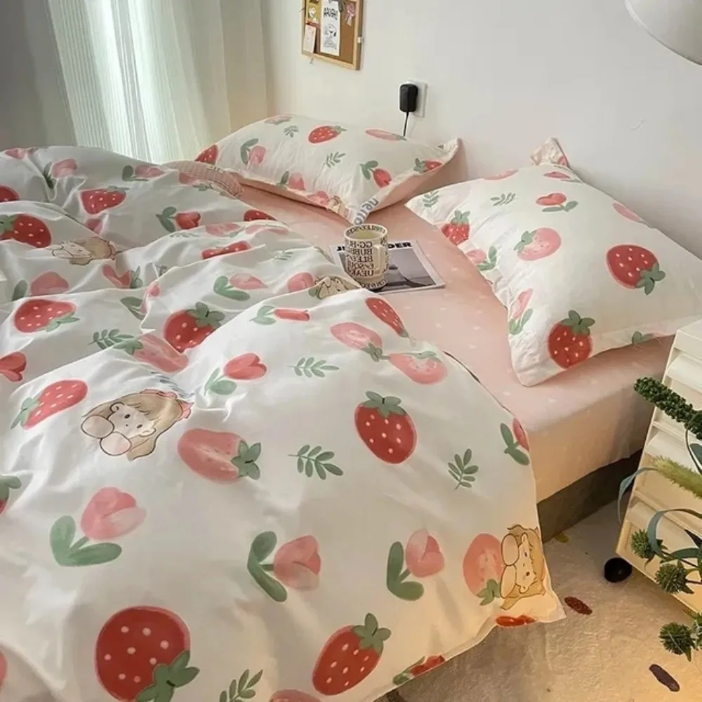

Strawberry Pink Plaid Double Sided Comforter Bedding Set King Queen Full Single Size Bed Linen Duvet Cover Sheet Pillowcase