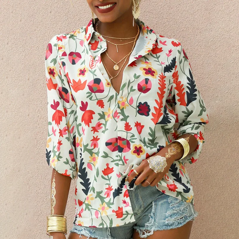 

Floral Print Lapel Loose Casual Tops Women Comfort House Commute T-Shirts Long Sleeve Single Breasted Office Lady Leisure Shirts