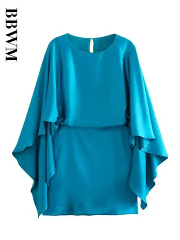 Blue Satin Dresses Summer New Mini Dress Woman Vintage Three Quarter Sleeve Dress Women 2023 Elegant Chic Female Short Dress
