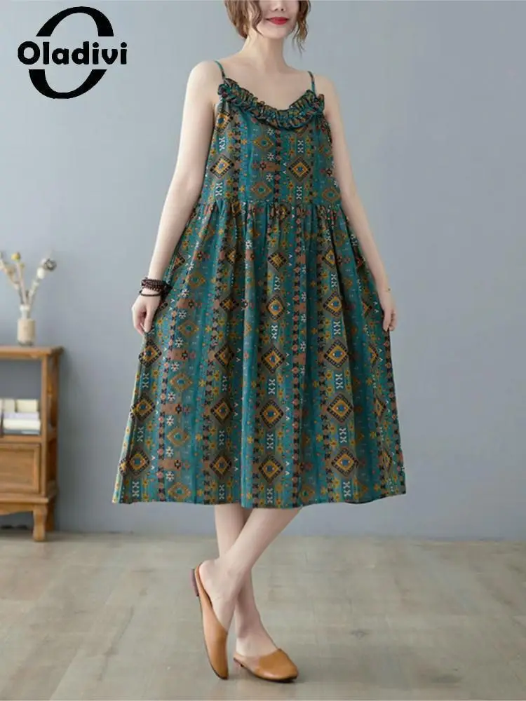 

Oladivi Fashion Print Ruffle Neck Women Sundress 2022 Summer New Sleeveless Large Size Casual Loose Spaghetti Strap Dresses 9116