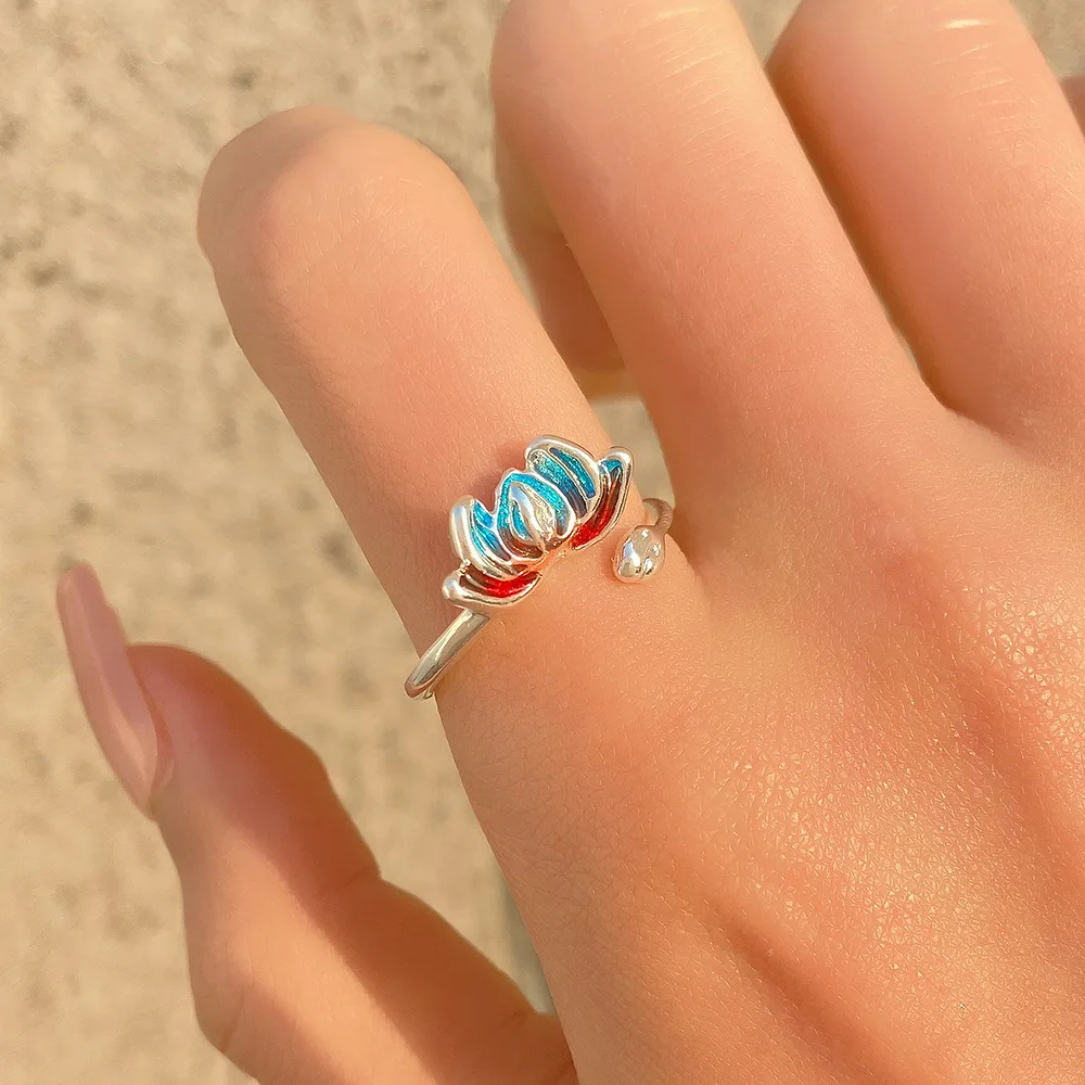 

Women's Ring Vintage National Wind Blue Lotus Ring Women's Fashion Lotus Open Ring Small Gift Jewelry StainlessSteelRingJewelry