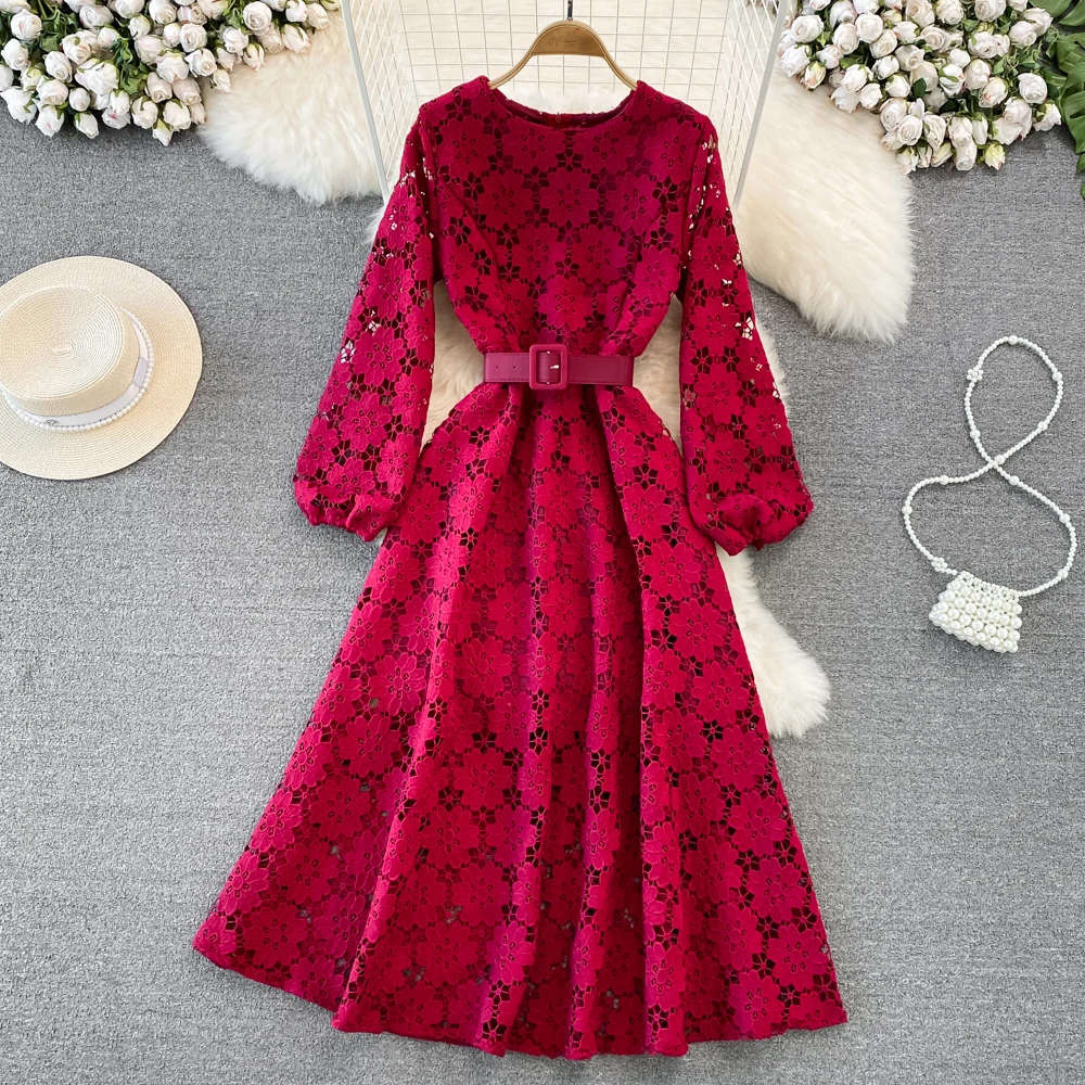 

2023 New Spring Autumn Women Long Sleeve Belt Slim Long Dress High Quality Sweet Hook flower hollow Lace Runway Dress