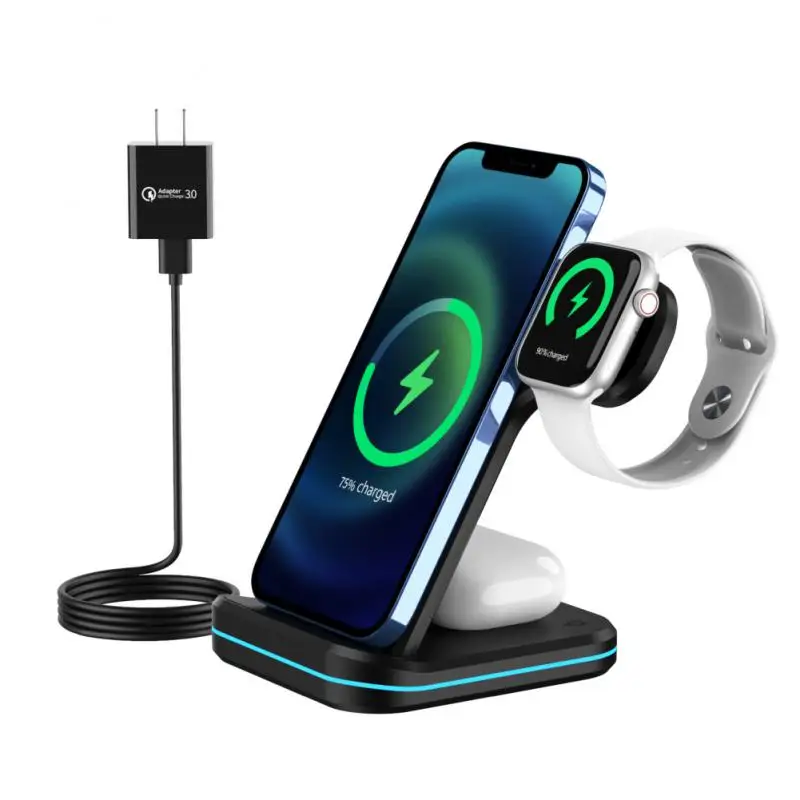 

Portable 3 In 1 Qi Wireless Charger Stand Fast Charging Station 15w Wireless Charger Pad Stand For Iwatch Charger Fast Charging