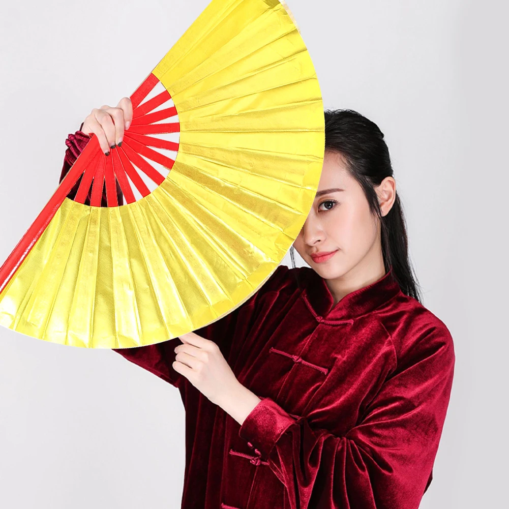 34CM Golden Yellow Large Sound Loud Elegant Hand Cloth Folding Stage Fan Shaolin Temple Kung Fu Tai Chi Performance Props Decor