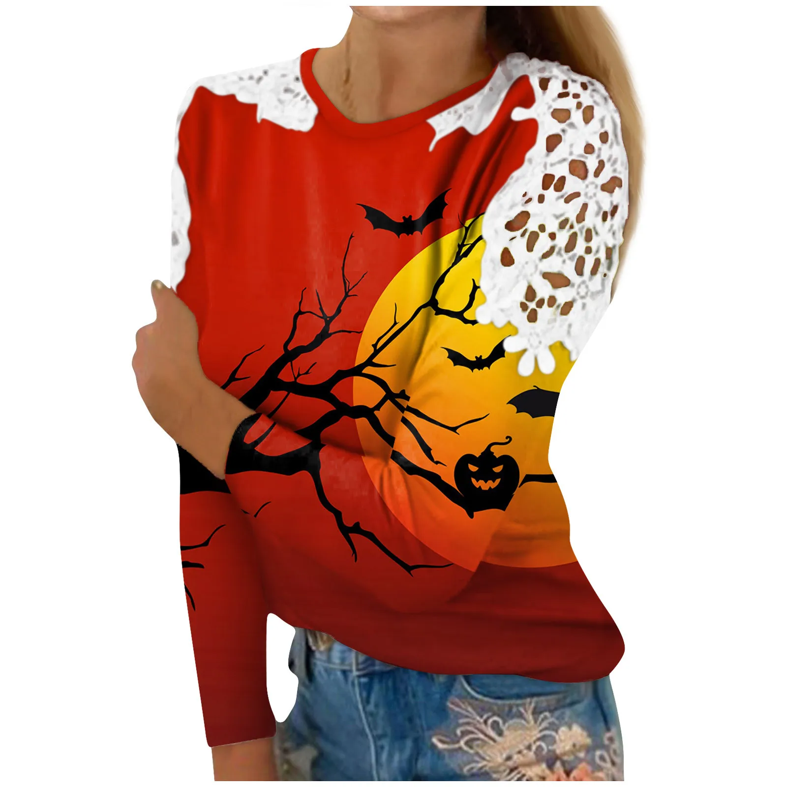 

Новинка, блузка, тонкий женский кружевной костюм на Хэллоуин, с круглым вырезом, женский классический и универсальный топ, рубашки