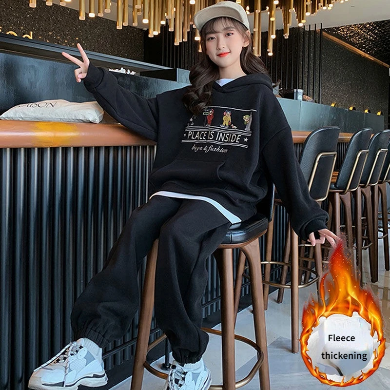 

Утепленный плюшевый комплект Модный пуловер осень-зима детский спортивный свитер из двух предметов нейтральный стиль Одежда для детей