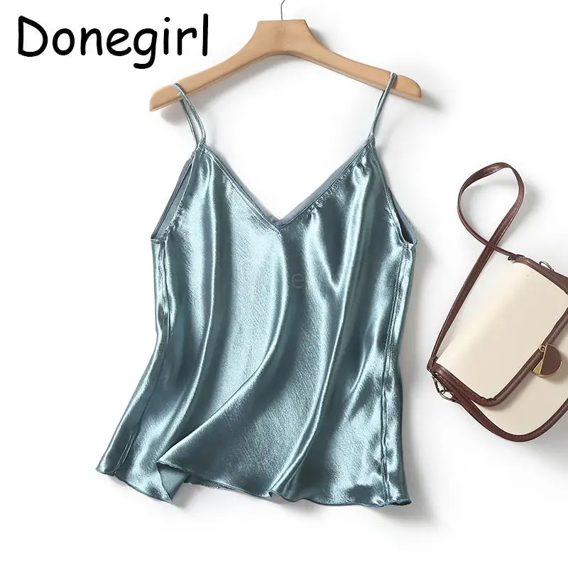 

Donegirl 2023 New Fashion Summer Women Sleeveless Satin Solid Suspenders Skirt Set Simple Sexy Female Fashion Chic Tops Suit