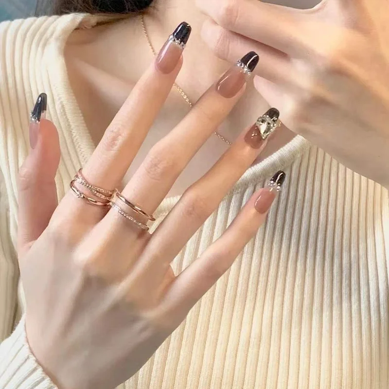 

24Pcs False Nails Black French Long Rhinestone Love Chain Detachable Fake Nail Tips Full Cover Acrylic For Girls Fingernails