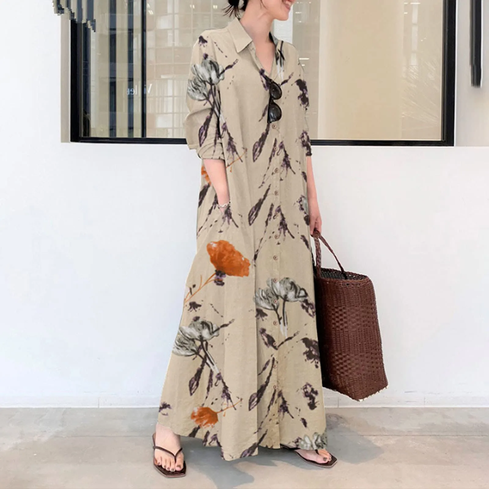 

Elegant Printed Long Shirt Dress Women Vintage Bohemian Spring Summer Maxi Dress Female Casual Long Sleeve Lapel Button Robe