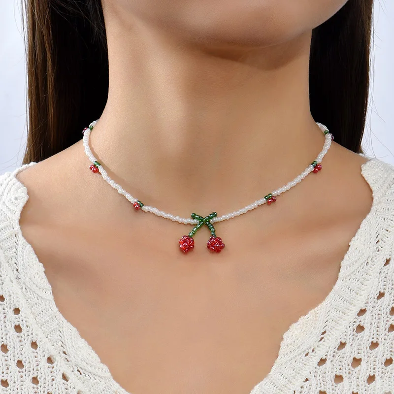 Ladies Cute Fruit Cherries Chokers Necklaces For Women Girls Fashion Red White Bead Handmade Beaded Necklace Jewelry Gifts