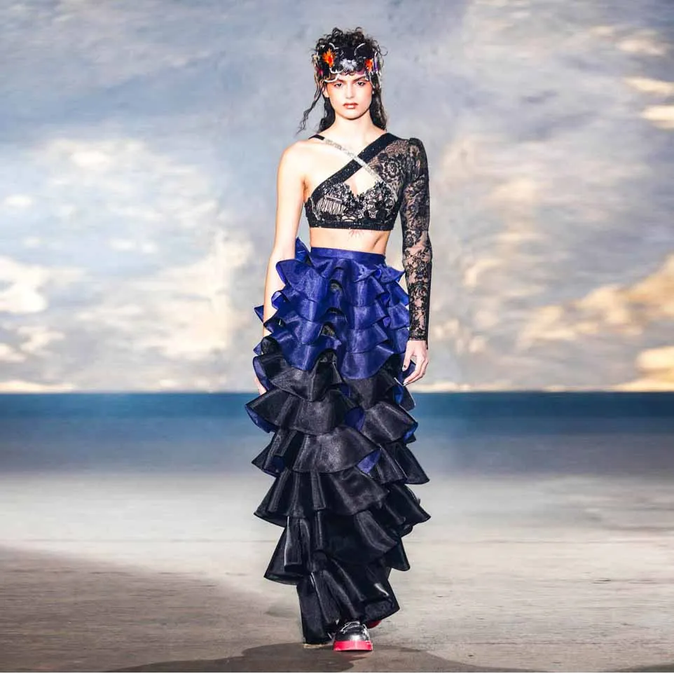 

Unique Organza Ruffle Straight Long Maxi Skirts Women Royal Blue&Black Long Skirt Women Zipper Mix Color Female Skirt