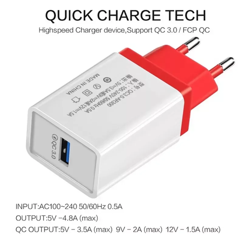 

NEW2023 3.5A Quick Charge 3.0 18W USB Charger 6Colors Fast Charging Mobile EU plug Wall Charge